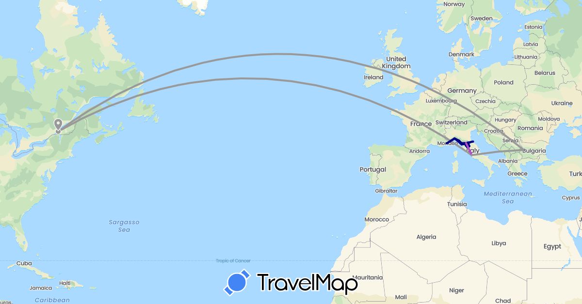 TravelMap itinerary: driving, plane, train in Bulgaria, Canada, France, Italy, San Marino (Europe, North America)